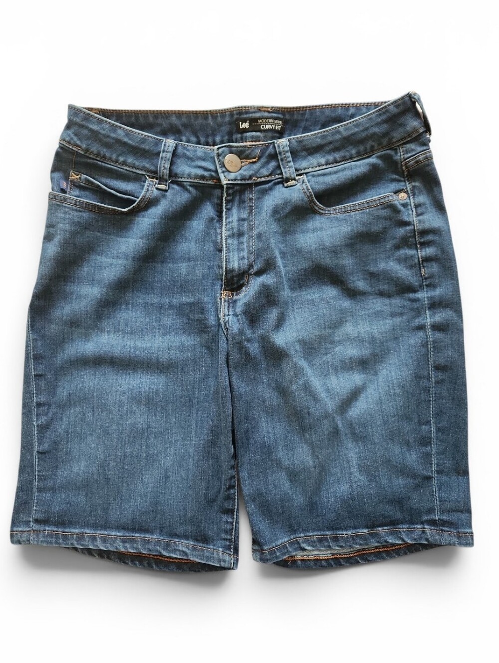 Lee Curvy Fit  Medium Blue Denim Bermuda Jean Shorts Sz 14